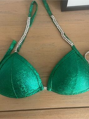 Emerald Green Rhinestone-Trim Bikini Competition Top and bottom